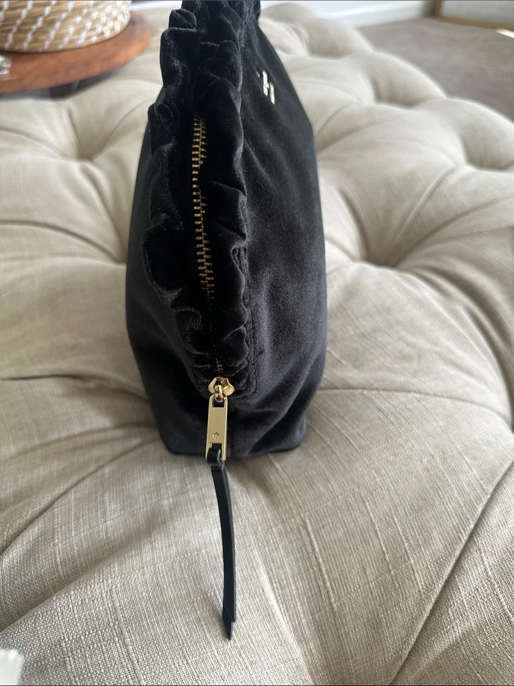 kate spade black velvet ruffle wristlet clutch